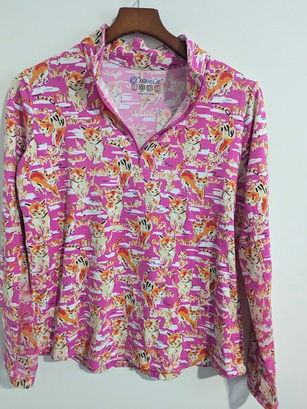 IBKUL UPF 50+ Long Sleeve Golf Tennis Top 1/4 zip Size L Cat Print